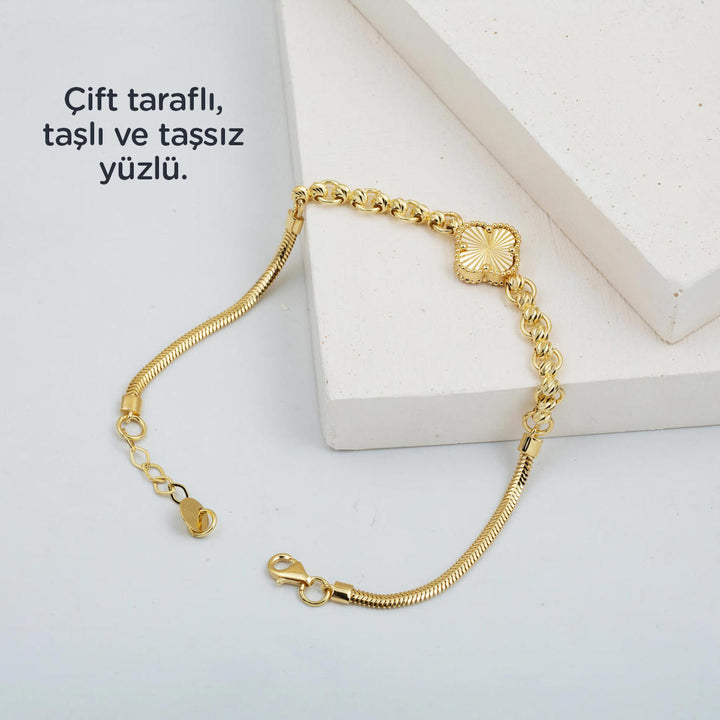 Oniks Taşlı Van Cleef 14 Ayar Altın Bileklik