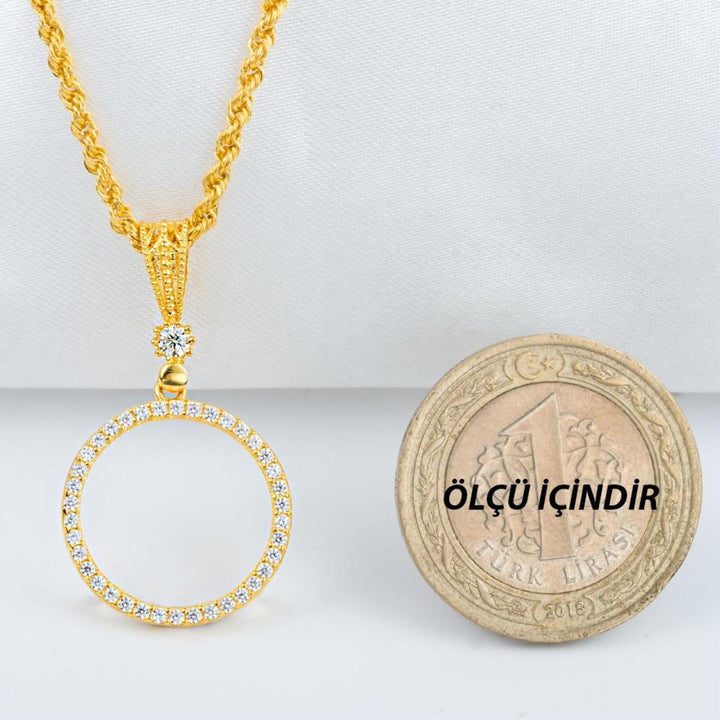 Taşlı Çeyrek Altın Çerçeveli 14 Ayar Kolye
