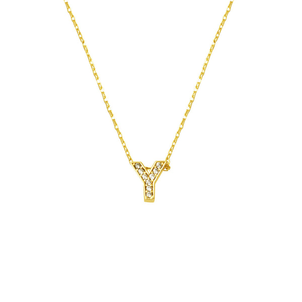 Taşlı Y Harfli Minimal Harf Altın Kolye